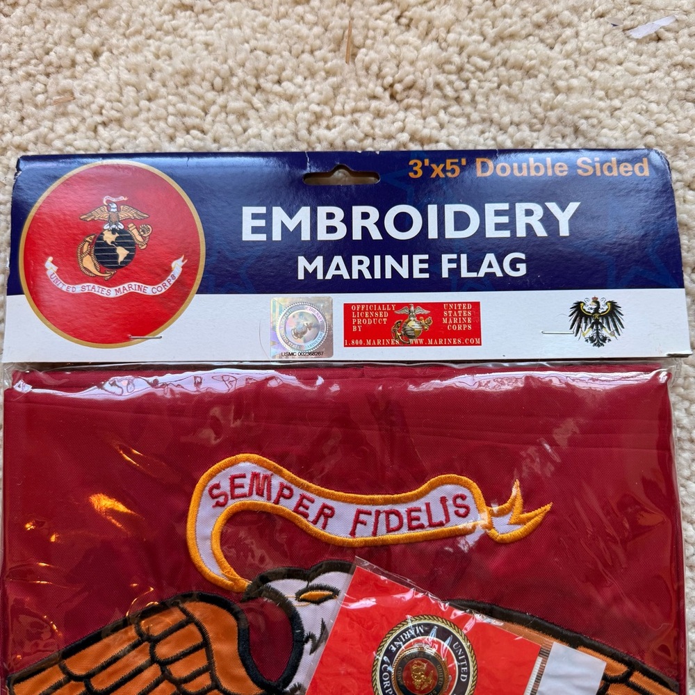 NWT Marines Embroidered  3’ x 5’ Flag - Semper Fidelis Eagle Design - Picture 3 of 5